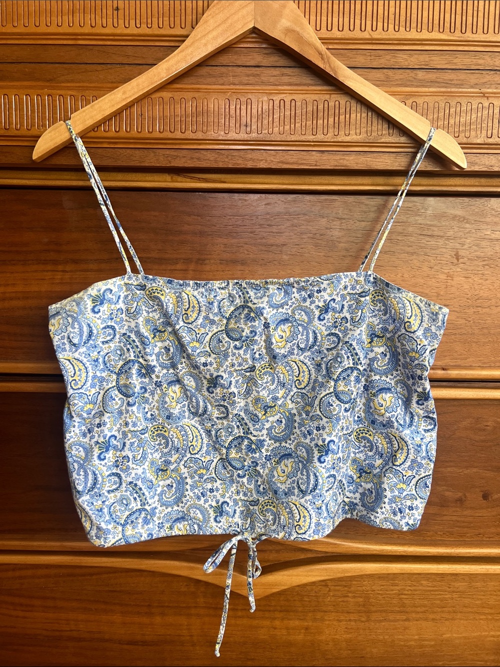 Vintage 90s Yellow/Blue/White Paisley Print 100% Cotton Tank Top with Bottom Tie
